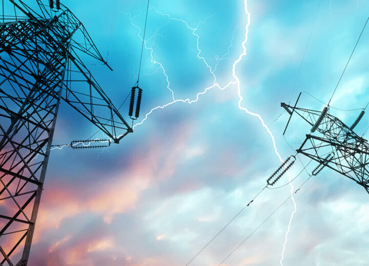 Lightning Striking Over Power Lines.