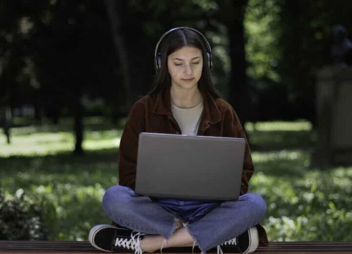 Person Using Laptop In Serene Park.