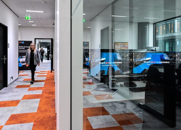 Modern Office With Colorful Carpet Design.