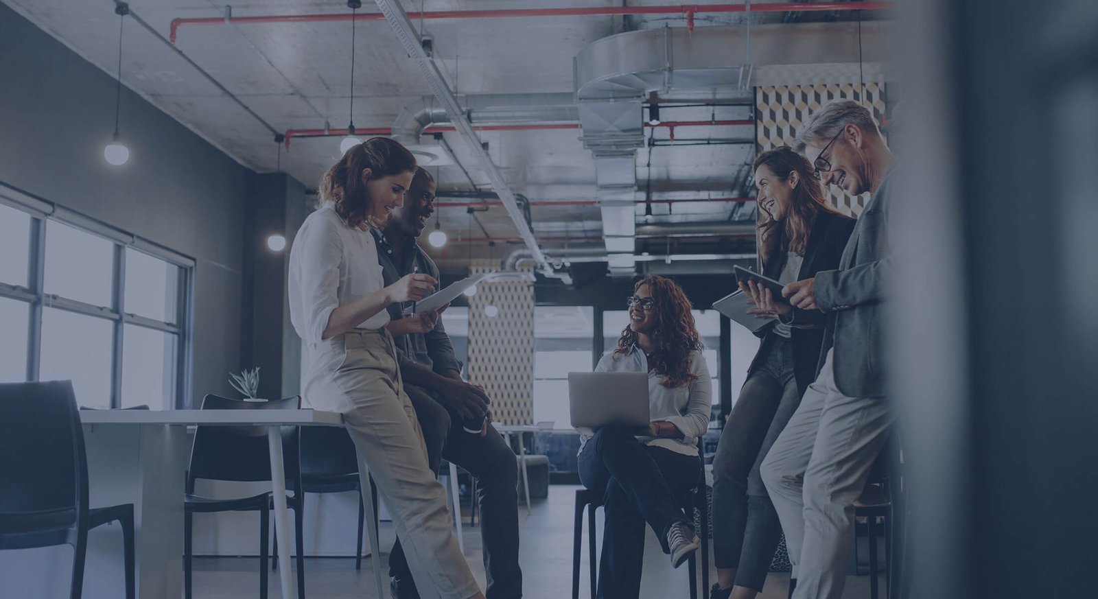 Group meeting in modern office space.